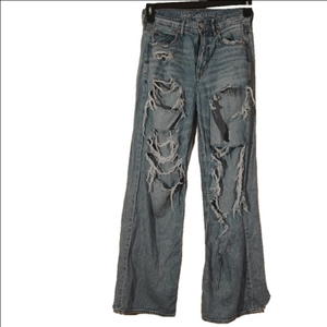 American Eagle Outfitters  Flare Wide Leg Jeans, Super Hand Distressed. Size 4.